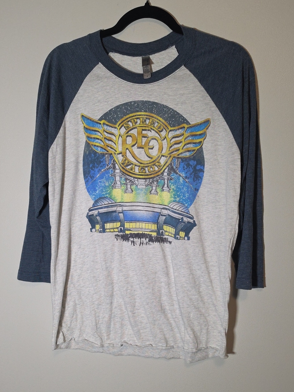 REO Speedwagon White and Blue Raglan Long Sleeve Graphic Tee